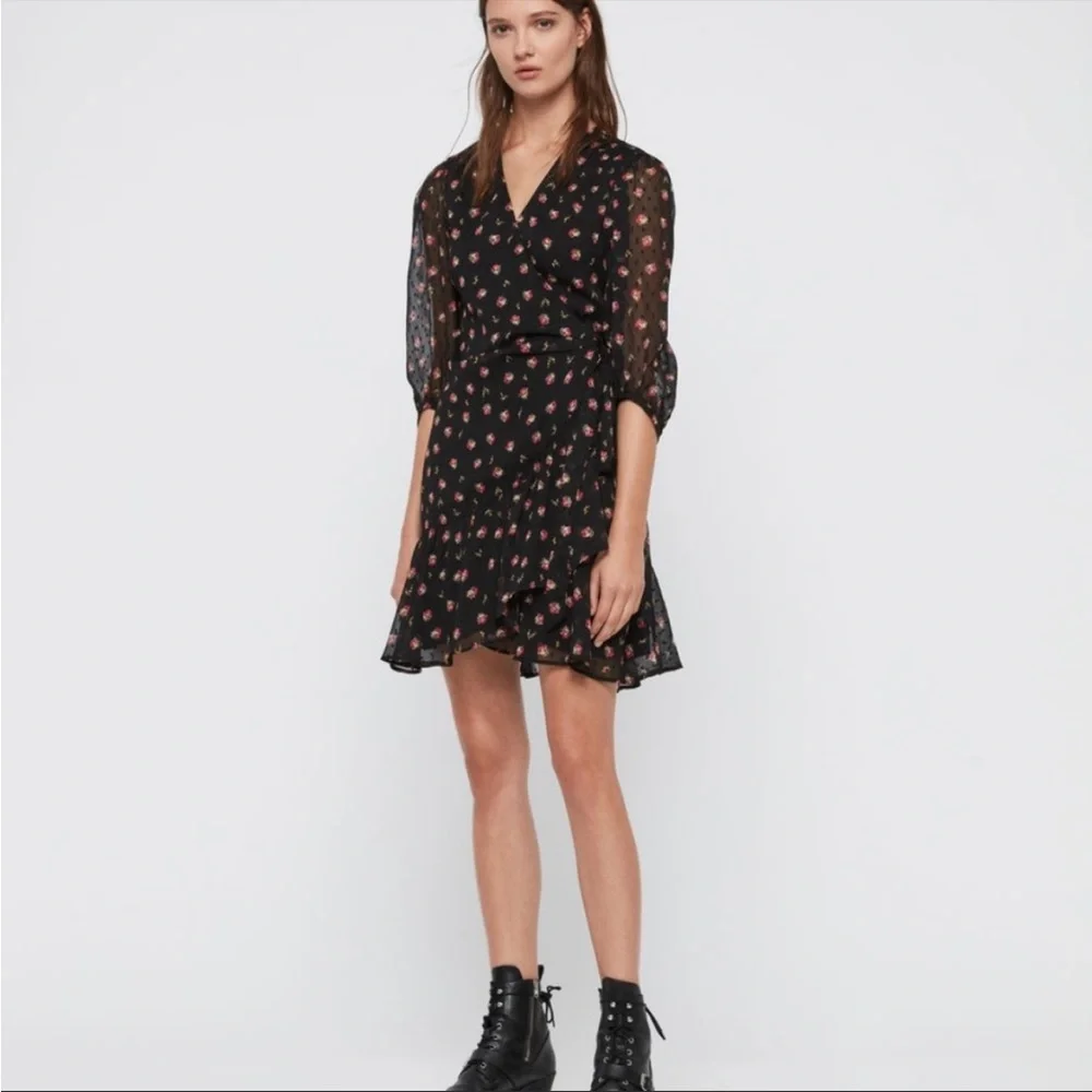 ALLSAINTS Jade Aster Floral Black Wrap Dress S